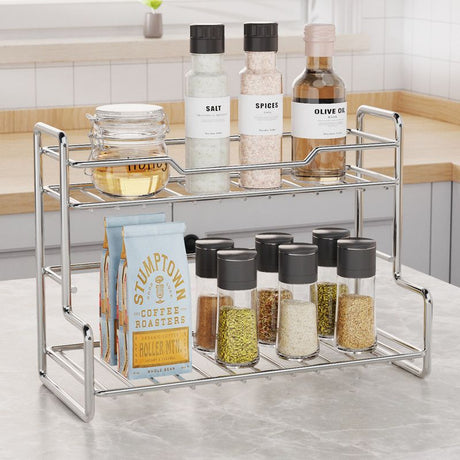 304 Stainless Steel Two Layers Tabletop Storage Rack Kitchen Spice Rack Bathroom Cosmetics Mouthwash Cup Organizer Shelf-Silver