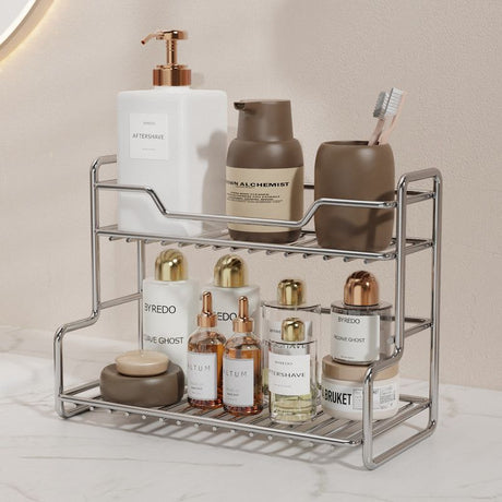 304 Stainless Steel Two Layers Tabletop Storage Rack Kitchen Spice Rack Bathroom Cosmetics Mouthwash Cup Organizer Shelf-Silver