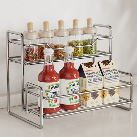 Stainless Steel Two Layers Storage Shelf Kitchen Spice Rack Bathroom Cosmetics Mouthwash Cup Organizer Storage Rack-Silver