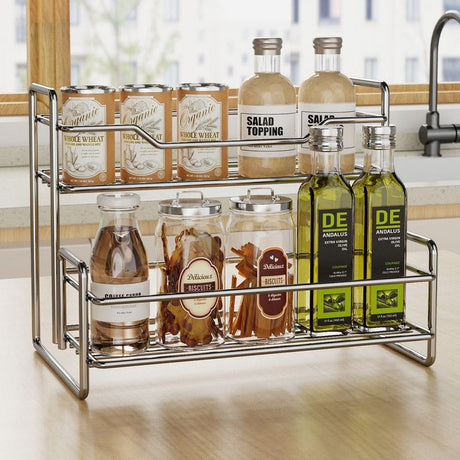 Stainless Steel Two Layers Storage Shelf Kitchen Spice Rack Bathroom Cosmetics Mouthwash Cup Organizer Storage Rack-Silver