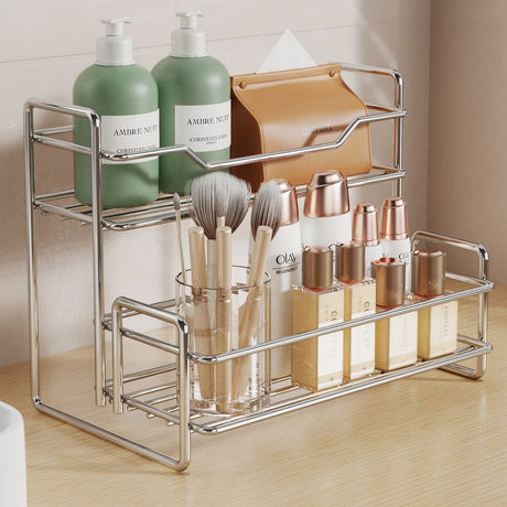 Stainless Steel Two Layers Storage Shelf Kitchen Spice Rack Bathroom Cosmetics Mouthwash Cup Organizer Storage Rack-Silver