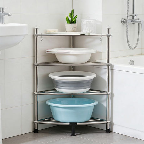 Stainless Steel Bathroom Storage Shelf,Four-Layer Storage Rack, Bathroom Triangular Rack, Washbasin And Bathtub Organizer Rack-Silver