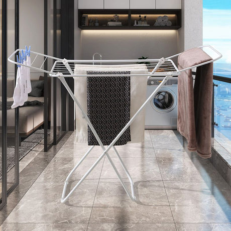 Mini Double-Wing Floor-Standing Folding Clothes Drying Rack-White