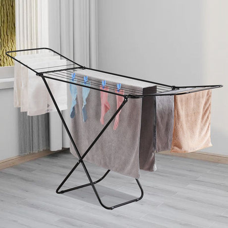 Large Double-Wing Floor-Standing Folding Clothes Drying Rack-Black