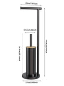 2-in-1 Iron Floor Standing Roll Paper Holder and Bamboo Lid Toilet Brush For Bathroom and Toilet-Black