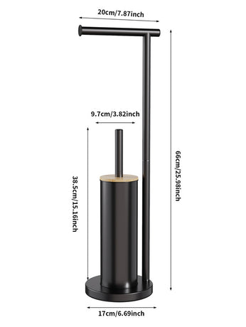 2-in-1 Iron Floor Standing Roll Paper Holder and Bamboo Lid Toilet Brush For Bathroom and Toilet-Black