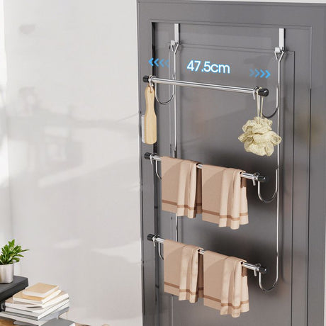 Towel Rack Behind Bathroom Door Three-Layer Storage Rack  Non-Perforated Hook Towel Hanger-Silver
