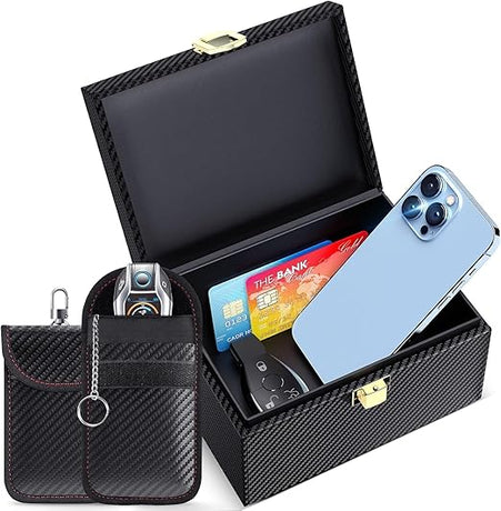 Faraday Box with Faraday Pouch 2 Pack, Keyless Entry Car Key Safe Protector RFID Anti-Theft Signal Blocking Cages-Black-Medium