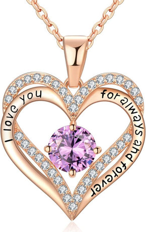 18K Rose Gold Necklaces for Women, 925 Sterling Silver Gifts for Mothers Day, Jewelry for Wife Mom Her Girlfriend, Birthstone Diamond Necklace for Birthday Anniversary, Heart Pendant Jewelry-FEB