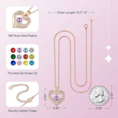 18K Rose Gold Necklaces for Women, 925 Sterling Silver Gifts for Mothers Day, Jewelry for Wife Mom Her Girlfriend, Birthstone Diamond Necklace for Birthday Anniversary, Heart Pendant Jewelry-FEB