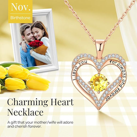 18K Rose Gold Necklaces for Women, 929 Sterling Silver Gifts for Mothers Day, Jewelry for Wife Mom Her Girlfriend, Birthstone Diamond Necklace for Birthday Anniversary, Heart Pendant Jewelry-NOV
