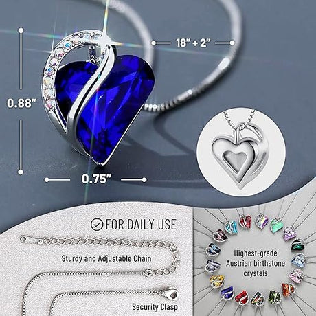 Infinity Love Heart Necklace, Birthstone Necklace for Women, Jewelry for Women with Healing Crystals, Allergym Free Pendant Necklace-09b-September-Sapphire Blue