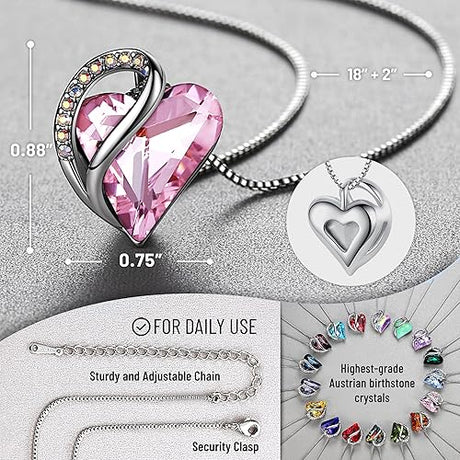Infinity Love Heart Necklace, Birthstone Necklace for Women, Jewelry for Women with Healing Crystals, Allergy Free Pendant Necklace-10a-October-Rose Quartz Pink