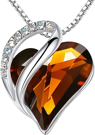 Infinity Love Heart Necklace, Birthstone Necklace for Women, Jewelry for Women with Healing Crystals, Allergy Free Pendant Necklace-15-Stress Relief-Dark Topaz Brown