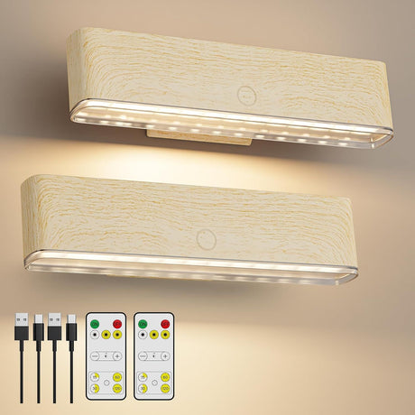 Magnetic Wireless Battery Operated Wall Sconce, Rechargeable Remote Control & Touch Control Wall Sconces Set of Two, 3-Color Temperatures LED Wall Lights, 360° Rotatable (Beech, 2-Pack)