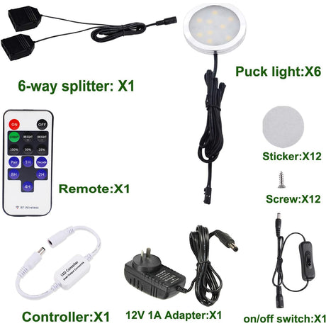 Dimmable & Timing Under Counter Lights Kitchen with Wireless RF Remote,Ultra-Thin 240V LED Cabinet Lights,12W Shelf Lights，6 Lights,Daylight White