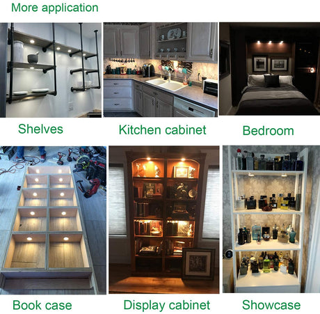 Dimmable LED Under Cabinet Lighting, Counter Showcase Kitchen Lighting Fixtures with 12V Plug in Adapter and Dimmable Wireless Remote Control, 6 Ultra Slim Puck Lights Kit
