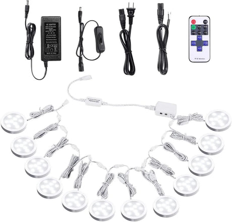 Linkable Under Cabinet LED Lighting 12V Dimmable Puck Lights with Wireless RF Remote Control, Hardwired & Wall Plug in for Kitchen Mood Lighting,Daylight White