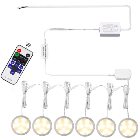 Linkable Under Cabinet LED Lighting 12V Dimmable Puck Lights Hardwired with Wireless RF Remote Control for Kitchen Mood Lighting(6 Lights, Warm White)