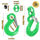 2SETS 2T Sling Hook With Hammerlock Heavy Duty Safety Latch Swivel Winch Hook For Trailer Safety Chain-Green