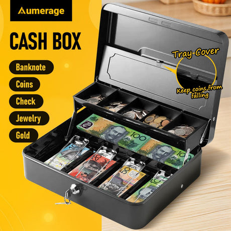 Lockable Cash Box with Coin Tray – Durable Metal Money Box with Key Lock for Bills & Change – Black