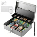 Lockable Cash Box with Coin Tray – Durable Metal Money Box with Key Lock for Bills & Change – Grey