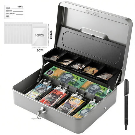 Lockable Cash Box with Coin Tray – Durable Metal Money Box with Key Lock for Bills & Change – Grey