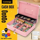 Cash Box With Security Locker And Security Cable, Money Box/Cash Tin With Money Tray For Saving Organizer-Pink