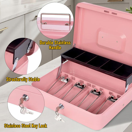 Cash Box With Security Locker And Security Cable, Money Box/Cash Tin With Money Tray For Saving Organizer-Pink