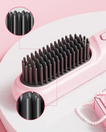 Cordless Hair Straightener Brush Portable Mini Ionic Straightening Comb 4000mAh-Pink