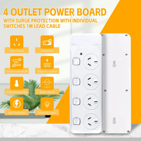 4 Outlet Power Board With Surge Protection with Individual Switches 1M Lead Cable