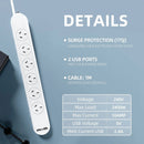 6 Outlet Powerboard With Surge Protection and Dual USB Charger 1M Lead Cable