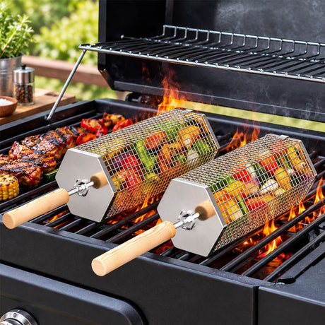 Rolling Grill Basket with Removable Handle, 304 Stainless Steel BBQ Grilling Basket for Vegetables, Fish, Shrimp & Meat