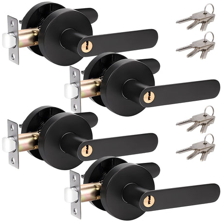 Privacy Door Lever Handle with Key, Heavy Duty Interior Door Lock, Round Design, 4 Pack, Matte Black