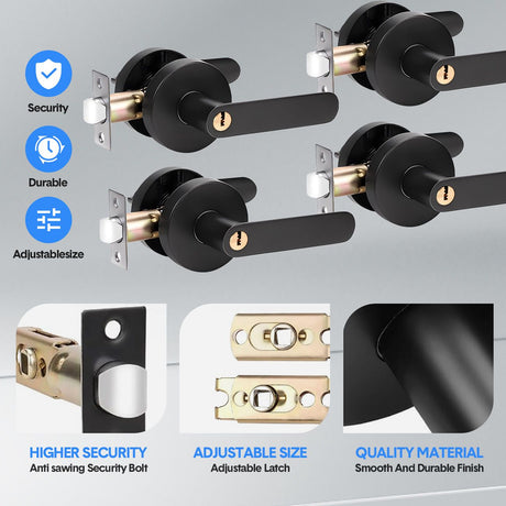 Privacy Door Lever Handle with Key, Heavy Duty Interior Door Lock, Round Design, 4 Pack, Matte Black