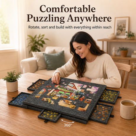 360° Rotating Jigsaw Puzzle Table, 2-in-1 Puzzle Board with Cover & Stand, 6 Drawers, Portable Felt Puzzle Tray for Up to 1000 Pieces