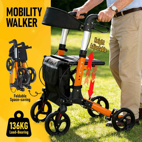 Foldable Aluminium Rollator Walker With Seat & Storage Bag, Adjustable Handles, 8