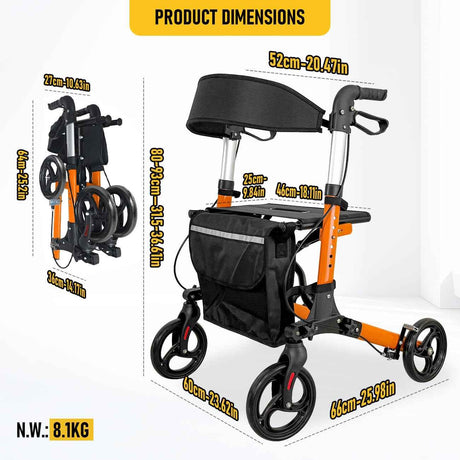Foldable Aluminium Rollator Walker With Seat & Storage Bag, Adjustable Handles, 8