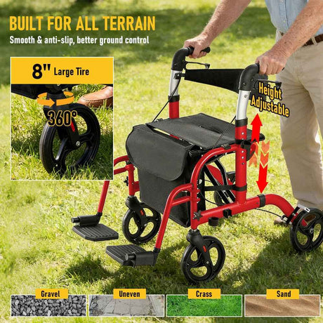 2-in-1 Foldable Aluminium Rollator Walker with Seat, Adjustable Handles, Storage Bag, 136kg Capacity(97x85x95cm)