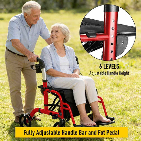 2-in-1 Foldable Aluminium Rollator Walker with Seat, Adjustable Handles, Storage Bag, 136kg Capacity(97x85x95cm)