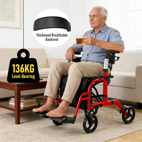 2-in-1 Foldable Aluminium Rollator Walker with Seat, Adjustable Handles, Storage Bag, 136kg Capacity(97x85x95cm)