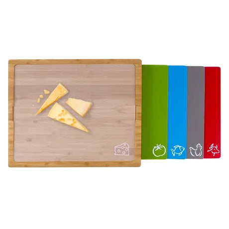 Bamboo Chopping Board with 5 Pcs Color-Coded Flexible Cutting Mats