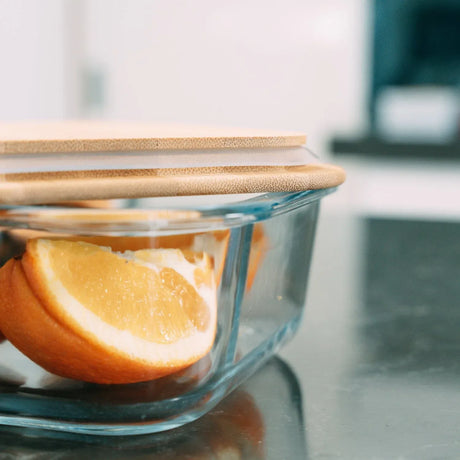 2 Pcs Bamboo?Cover Food Containers – Medium  & Large, Clear Glass, Plastic?Free