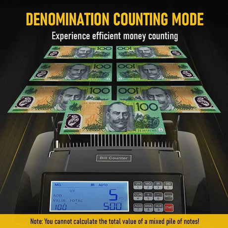 Automatic Money Counter Machine For Australian Banknotes With UV/MG/IR Counterfeit Detection, High-Speed Counting & Digital Display 25.3x30.3x19.5cm