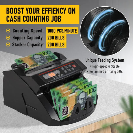 Automatic AUD Money Counter Machine With UV/MG/IR Detection, High-Speed Banknote Counter & Digital Display(29.2x24.6x17.8cm)