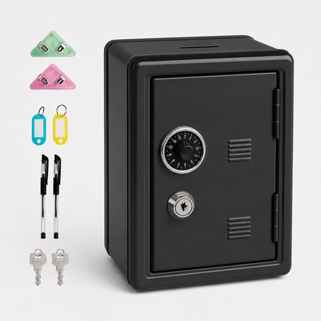 Lockable Metal Money Box, Cash & Coin Storage Box with Key Lock, Compact Piggy Bank for For Kids & Adults, Office & Small Valuables-Black