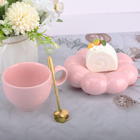 Cute Pink Ceramic Coffee Cup with Saucer Flower Spoon and Sunflower Coaster