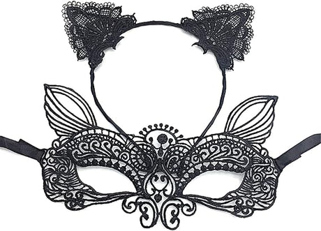 Cat Mask and Ears Headband, Catwoman Costume Accessories for Women's Halloween Party Makeup and Fancy Dress