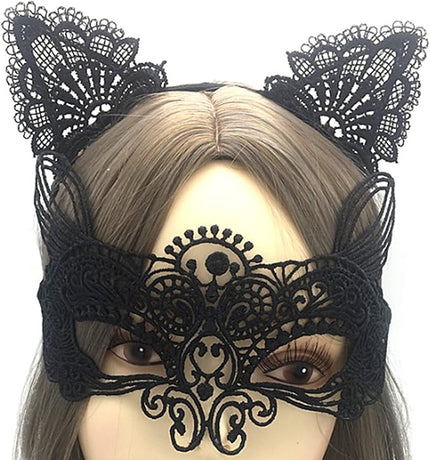 Cat Mask and Ears Headband, Catwoman Costume Accessories for Women's Halloween Party Makeup and Fancy Dress