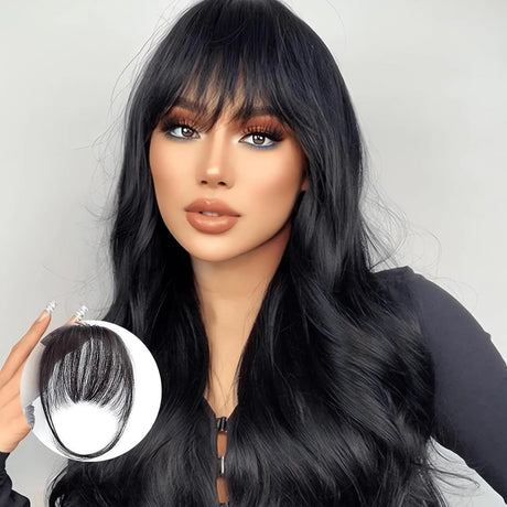 Clip-In Bangs Real Human Hair Natural Black Clip-On Fringe Hair Extensions for Women Girls